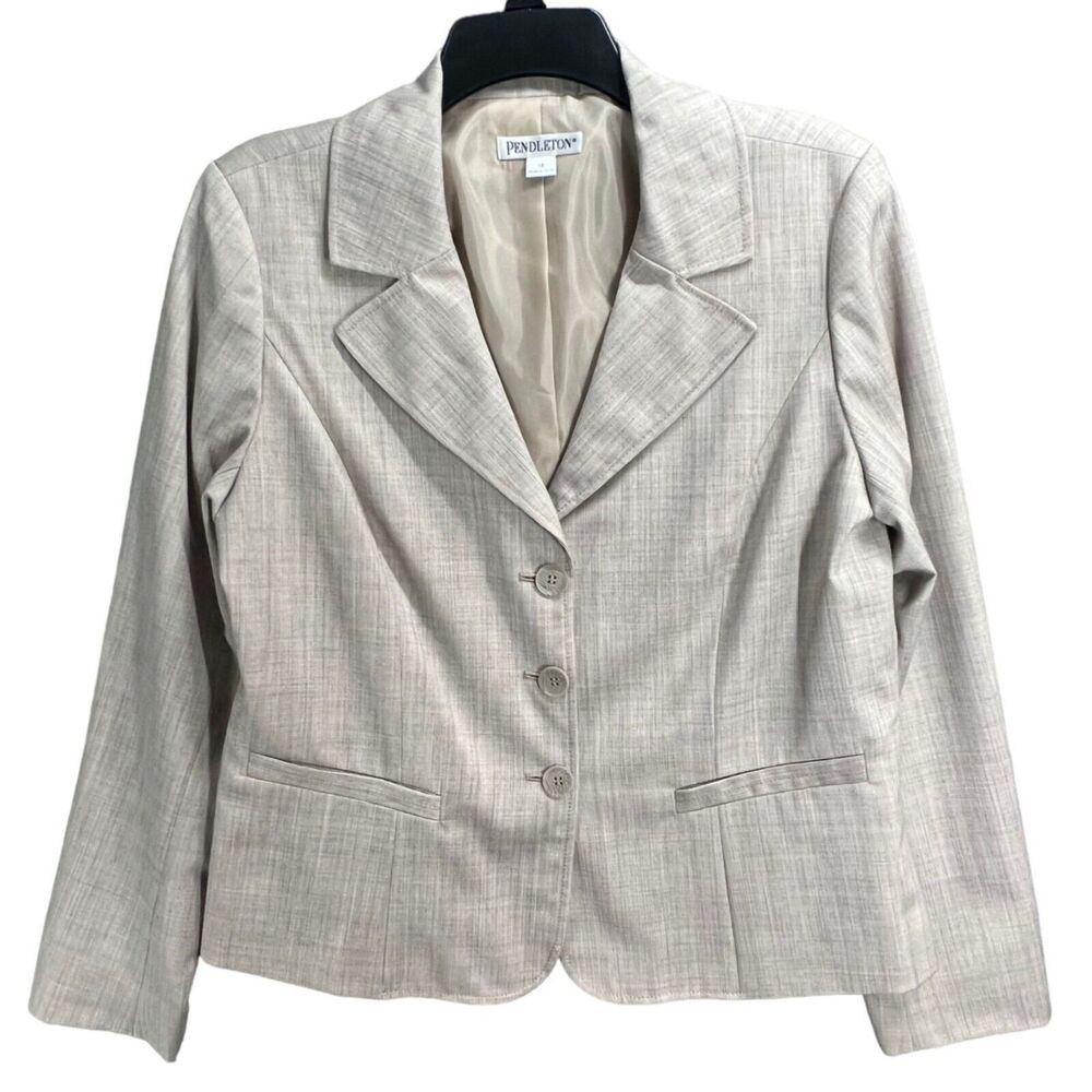 Pendleton Blazer Jacket Womens 14 Light Beige Wool Blend Stretch Pockets Career